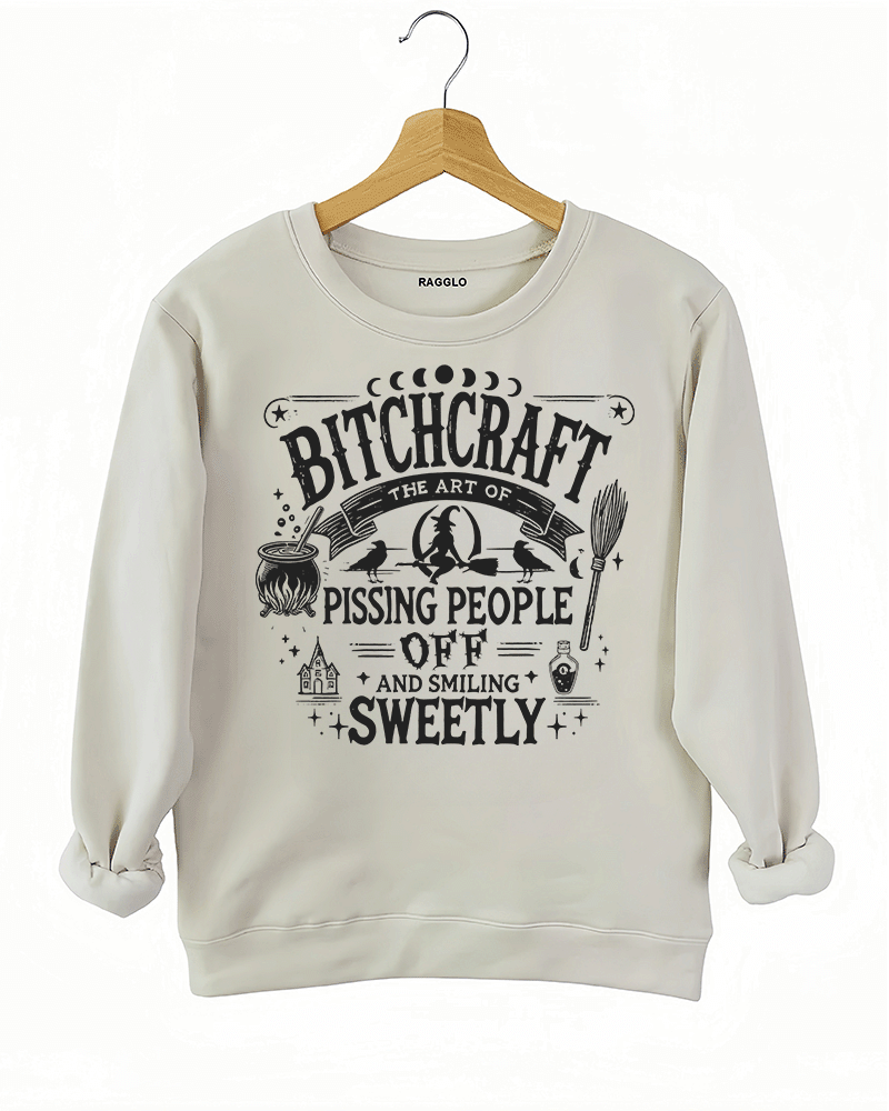 Beige sweatshirt with 'Bitch Craft' design available on Ragglo, offering a stylish choice for expressing individuality with witchcraft aesthetics.