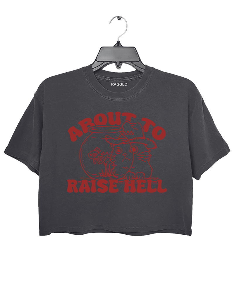 Ragglo dark gray crop top with 'About to Raise Hell' text and cat in cowboy hat graphic.