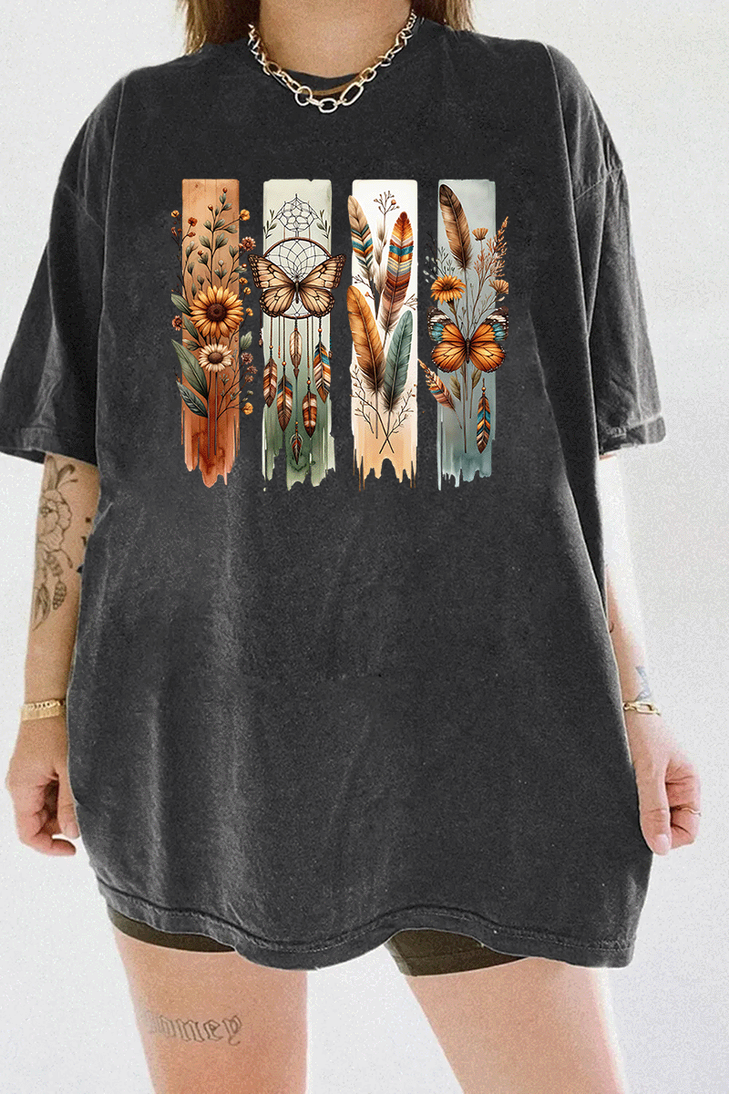 Ragglo dark gray women's T-shirt with bohemian nature graphic featuring dreamcatchers, butterflies, and wildflowers.