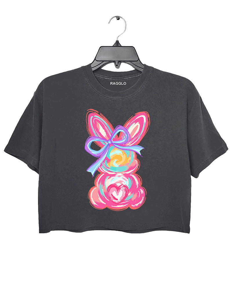 Dark gray Ragglo women's crop t-shirt featuring a cute bunny design with pink ears, blue bow, and heart accents, perfect for Easter or love-themed occasions.