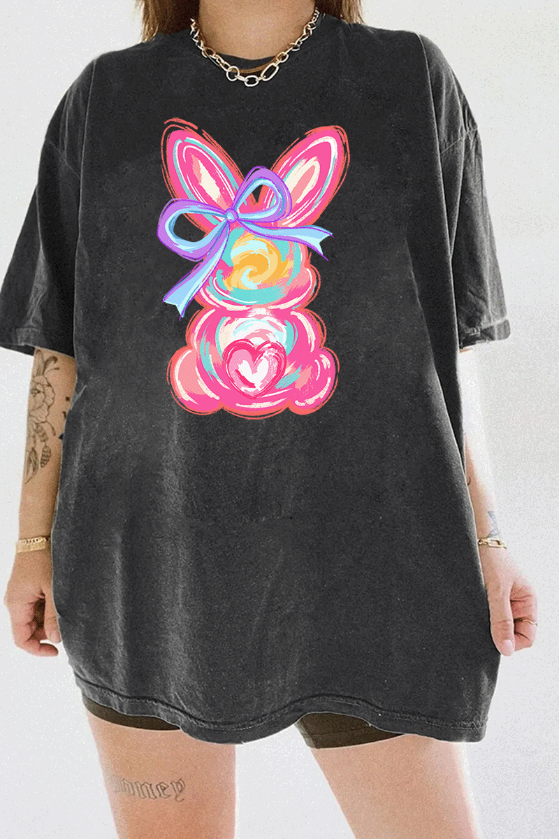 Dark Gray Ragglo women's t-shirt featuring a cute bunny design with pink ears, blue bow, and heart accents, perfect for Easter or love-themed occasions.