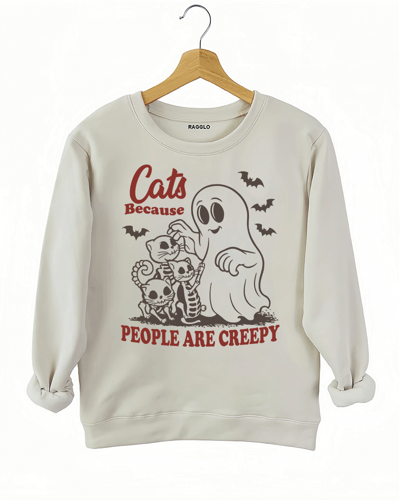 Ragglo beige sweatshirt featuring a ghost and three skeleton cats with bats and 'CATS BECAUSE PEOPLE ARE CREEPY' text, perfect for funny Halloween streetwear and cat lovers.