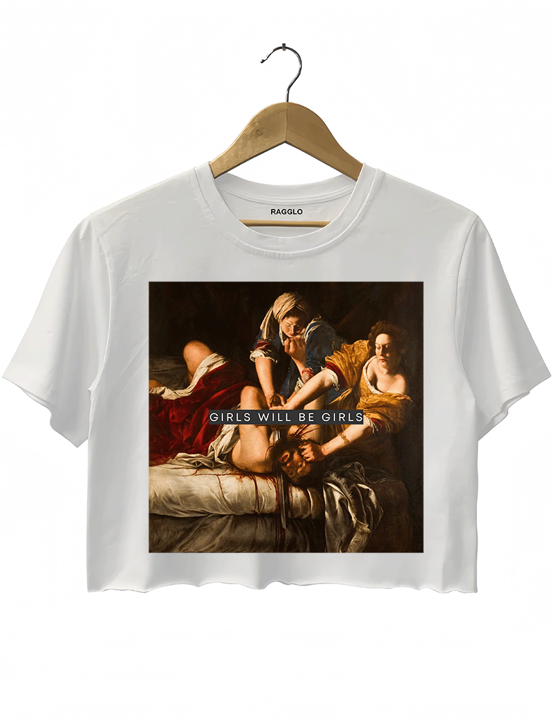 Ragglo white women's crop top with Judith Beheading Holofernes design and "Girls Will Be Girls" text.