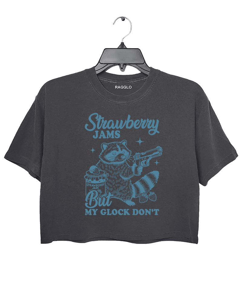 Ragglo women's cute dark gray crop top with blue 'Strawberry Jams But MY GLOCK DON'T' raccoon graphic tee