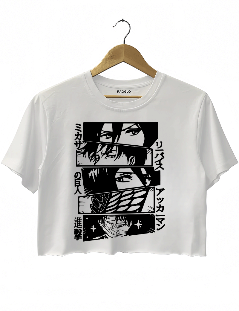 Ragglo white crop top featuring black-and-white manga-style portraits of four characters with Japanese text '進撃の巨人', perfect for anime fans and Attack on Titan streetwear.