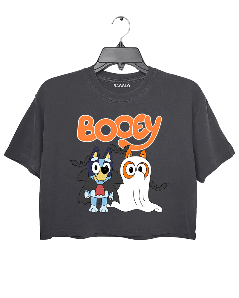 Ragglo dark gray crop top featuring two Bluey characters in vampire and ghost costumes with bats, with 'BOOEY' text, perfect for cute Halloween streetwear for animation fans.