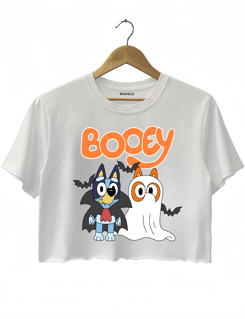 Ragglo white crop top featuring two Bluey characters in vampire and ghost costumes with bats, with 'BOOEY' text, perfect for cute Halloween streetwear for animation fans.
