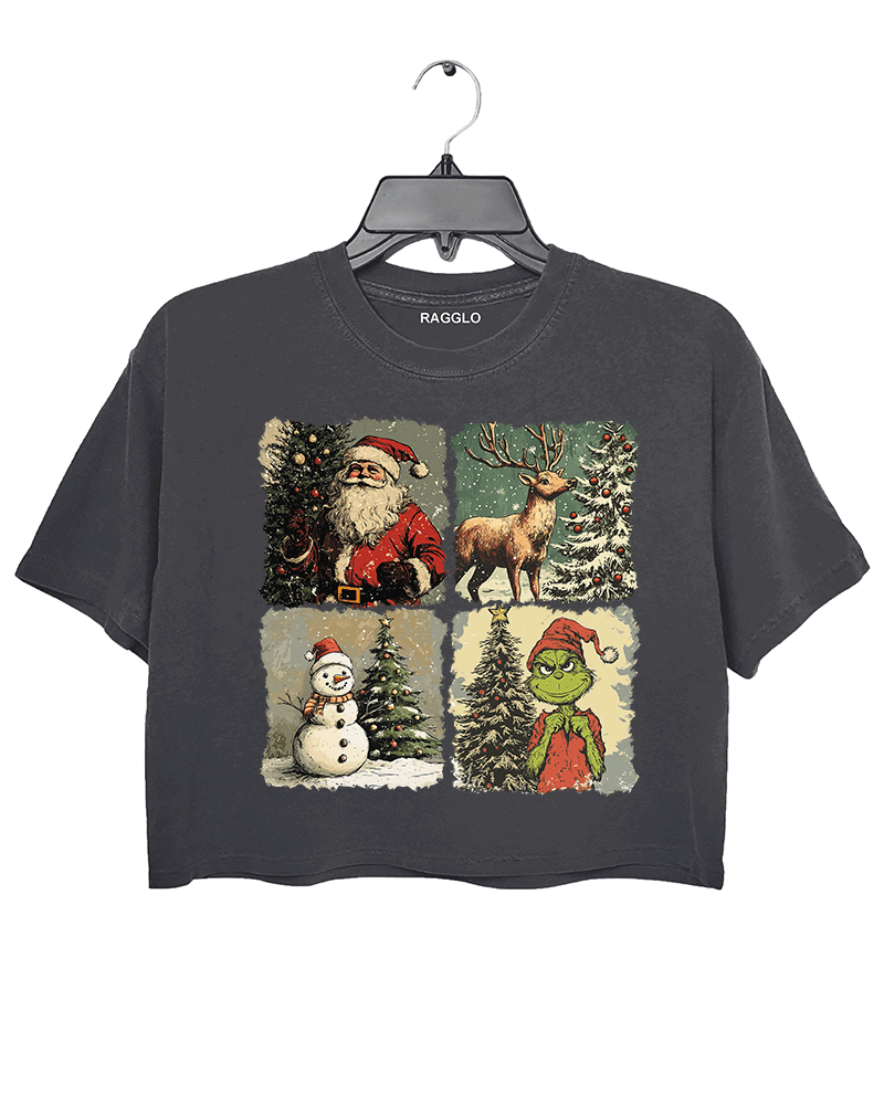 Ragglo dark gray crop top featuring Santa, a reindeer, a snowman, and The Grinch with Christmas trees and snowy backgrounds, perfect for festive holiday streetwear and Christmas celebrations.