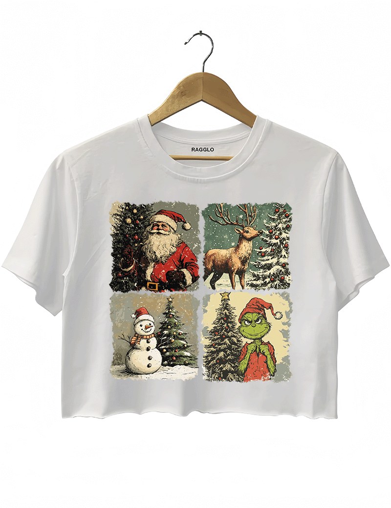 Ragglo white crop top featuring Santa, a reindeer, a snowman, and The Grinch with Christmas trees and snowy backgrounds, perfect for festive holiday streetwear and Christmas celebrations.