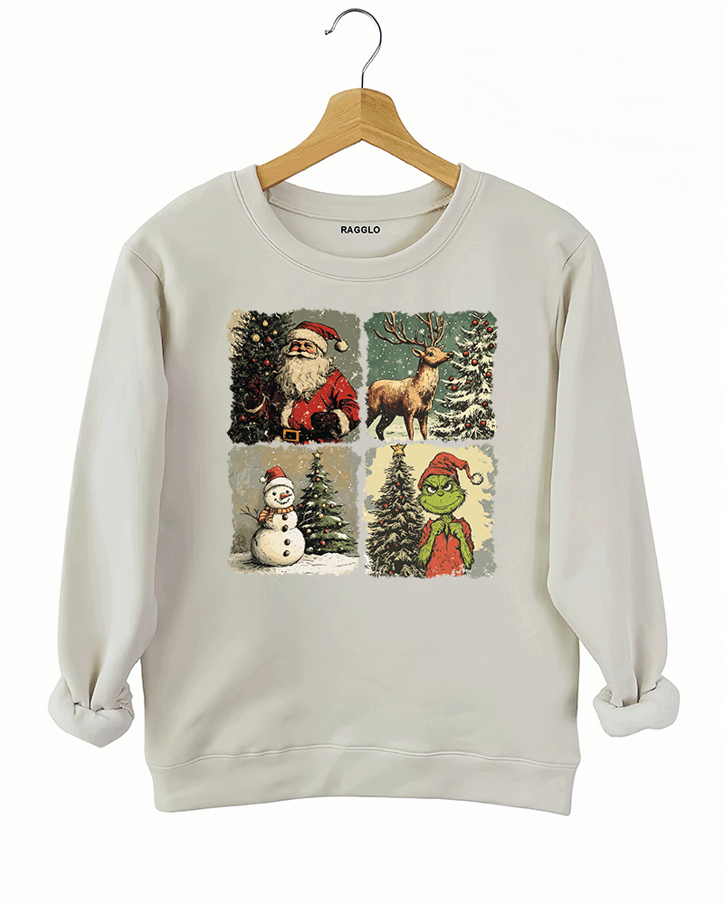 Ragglo beige sweatshirt featuring Santa, a reindeer, a snowman, and The Grinch with Christmas trees and snowy backgrounds, perfect for festive holiday streetwear and Christmas celebrations.