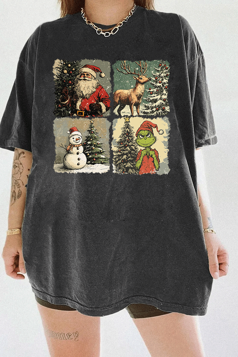 Ragglo dark gray tee featuring Santa, a reindeer, a snowman, and The Grinch with Christmas trees and snowy backgrounds, perfect for festive holiday streetwear and Christmas celebrations.