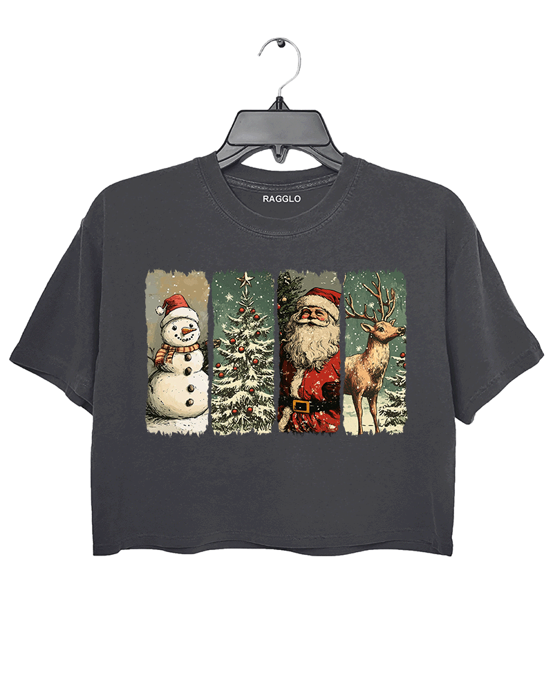 Ragglo dark gray crop top featuring a snowman with a Santa hat, Santa Claus, and a reindeer with a snowy Christmas tree background, perfect for festive streetwear and holiday celebrations.