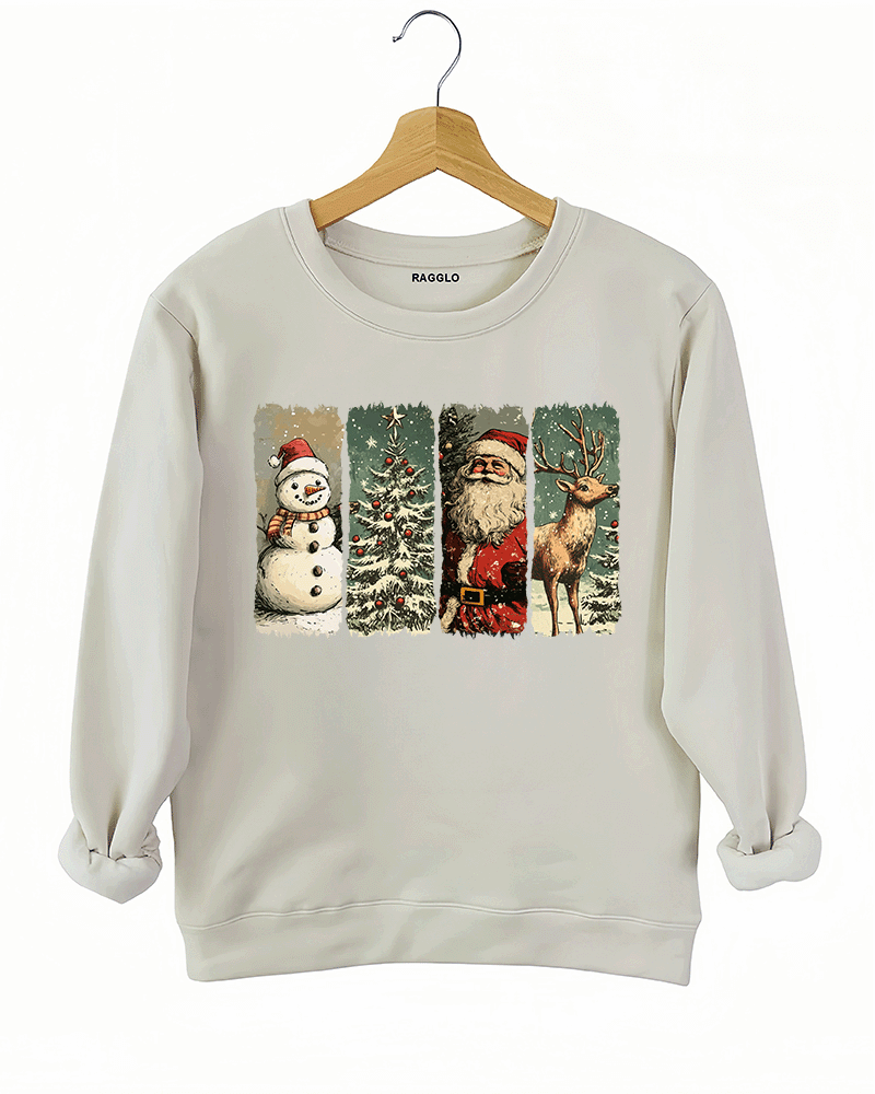 Ragglo beige sweatshirt featuring a snowman with a Santa hat, Santa Claus, and a reindeer with a snowy Christmas tree background, perfect for festive streetwear and holiday celebrations.