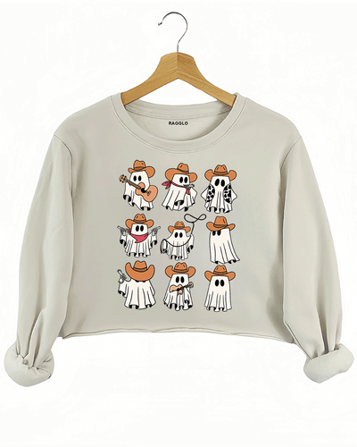Ragglo beige crop sweatshirt featuring nine ghosts in cowboy hats, playing guitar, holding guns, and swinging lassos, perfect for cute Halloween streetwear with a western twist.