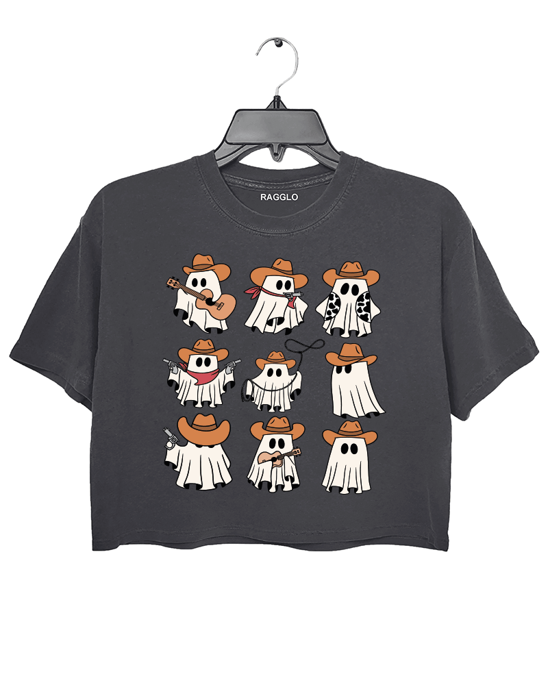 Ragglo dark gray featuring nine ghosts in cowboy hats, playing guitar, holding guns, and swinging lassos, perfect for cute Halloween streetwear with a western twist.