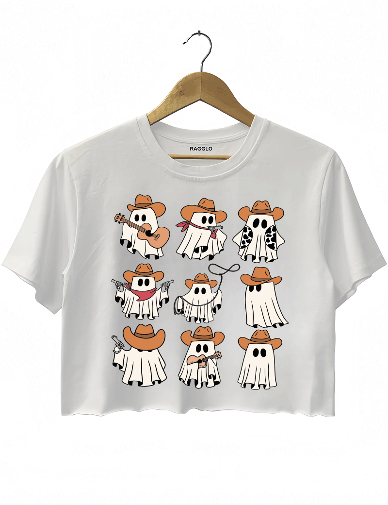 Ragglo white crop top featuring nine ghosts in cowboy hats, playing guitar, holding guns, and swinging lassos, perfect for cute Halloween streetwear with a western twist.