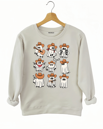 Ragglo beige sweatshirt featuring nine ghosts in cowboy hats, playing guitar, holding guns, and swinging lassos, perfect for cute Halloween streetwear with a western twist.