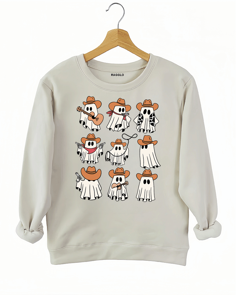 Ragglo beige sweatshirt featuring nine ghosts in cowboy hats, playing guitar, holding guns, and swinging lassos, perfect for cute Halloween streetwear with a western twist.