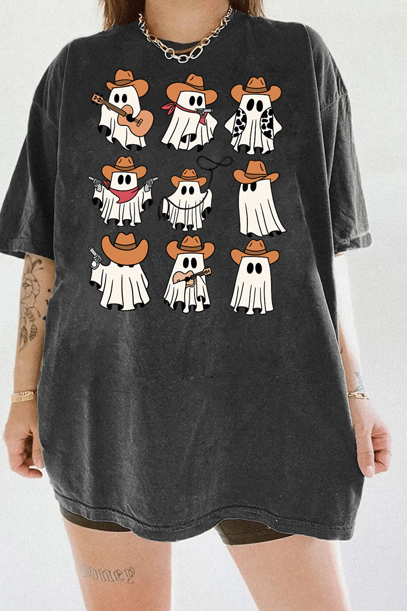 Ragglo dark gray tee featuring nine ghosts in cowboy hats, playing guitar, holding guns, and swinging lassos, perfect for cute Halloween streetwear with a western twist.