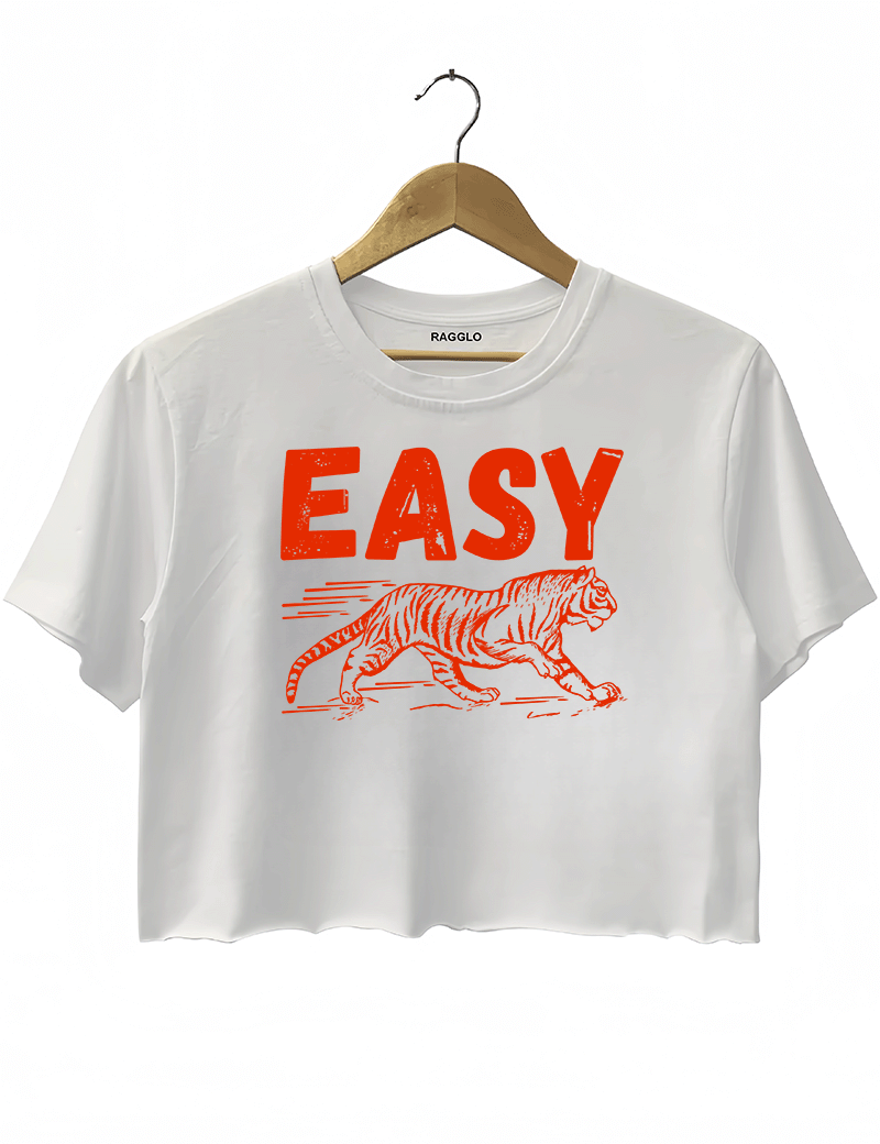 Ragglo white crop top featuring 'EASY' text with a running tiger graphic in red, perfect for playful streetwear and flirty, confident vibes.