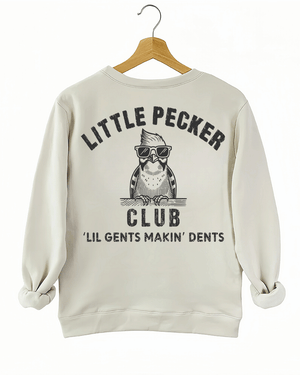 Ragglo beige sweatshirt back view featuring 'Little Pecker Club' and 'Lil Gents Makin' Dents' text with a stylish bird graphic, ideal for bold and playful casual wear.
