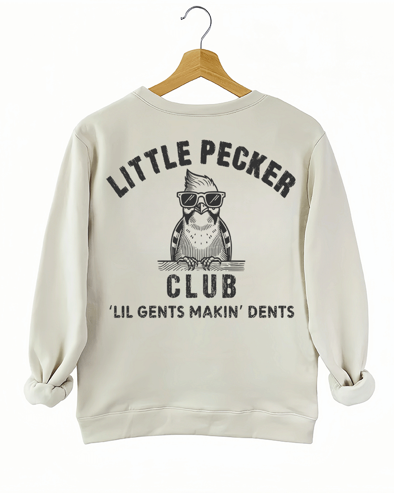 Ragglo beige sweatshirt back view featuring 'Little Pecker Club' and 'Lil Gents Makin' Dents' text with a stylish bird graphic, ideal for bold and playful casual wear.