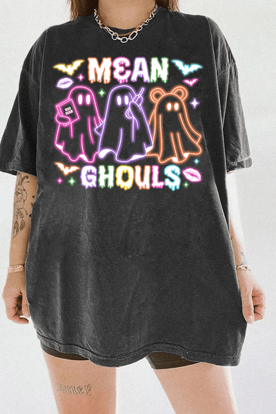 Ragglo dark gray T-shirt with "Mean Ghouls" neon ghost graphic in pink, purple, and orange, featuring a playful Halloween and Mean Girls parody theme.