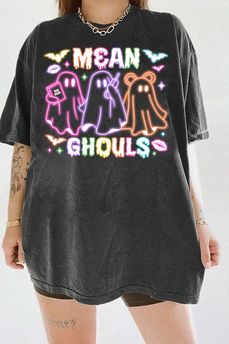 Ragglo dark gray T-shirt with "Mean Ghouls" neon ghost graphic in pink, purple, and orange, featuring a playful Halloween and Mean Girls parody theme.