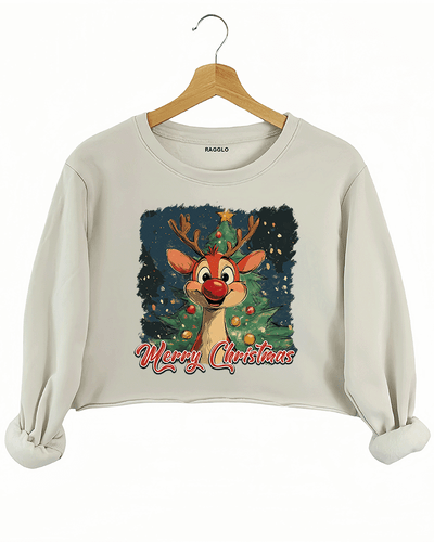 Ragglo beige crop sweatshirt featuring 'MERRY CHRISTMAS' text with a cute red-nosed reindeer, a decorated Christmas tree, and festive lights, perfect for holiday streetwear and Christmas celebrations
