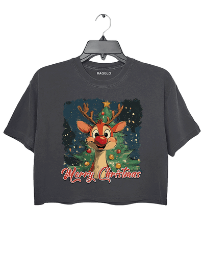 Ragglo dark gray crop top featuring 'MERRY CHRISTMAS' text with a cute red-nosed reindeer, a decorated Christmas tree, and festive lights, perfect for holiday streetwear and Christmas celebrations