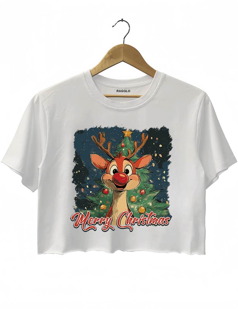 Ragglo white crop top featuring 'MERRY CHRISTMAS' text with a cute red-nosed reindeer, a decorated Christmas tree, and festive lights, perfect for holiday streetwear and Christmas celebrations