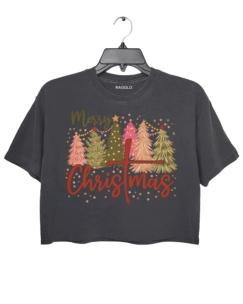 Ragglo dark gray crop top featuring five decorated Christmas trees with lights, stars, and snowflakes, with 'Merry Christmas' text, perfect for festive holiday streetwear.