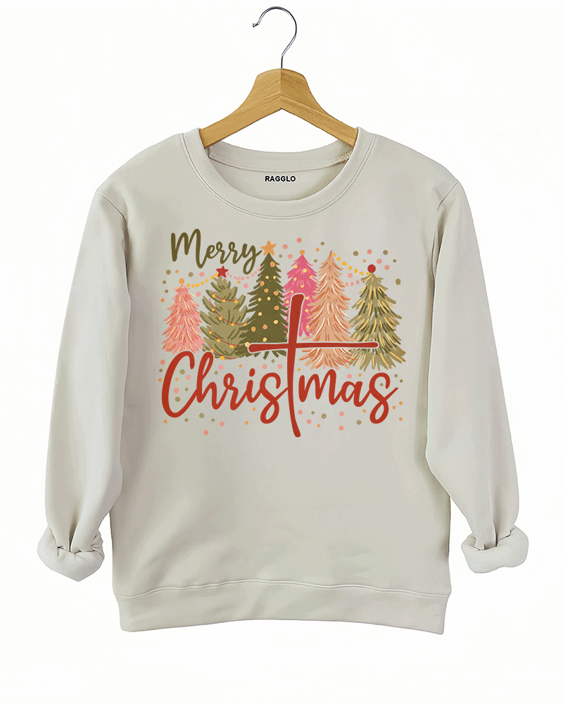 Ragglo beige sweatshirt featuring five decorated Christmas trees with lights, stars, and snowflakes, with 'Merry Christmas' text, perfect for festive holiday streetwear.