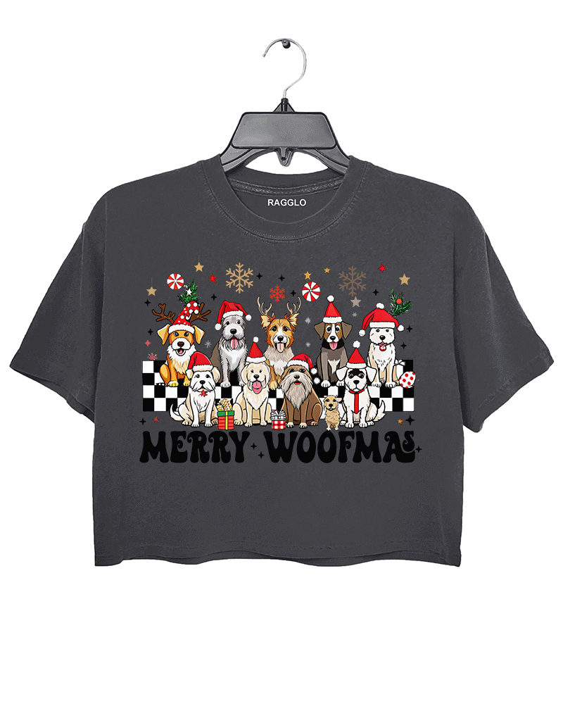 Ragglo dark gray crop top featuring eight dogs in Santa hats and reindeer antlers with gifts, snowflakes, and 'MERRY WOOFMAS' text, perfect for festive Christmas streetwear for dog lovers.
