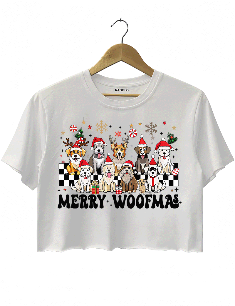 Ragglo white crop top featuring eight dogs in Santa hats and reindeer antlers with gifts, snowflakes, and 'MERRY WOOFMAS' text, perfect for festive Christmas streetwear for dog lovers.
