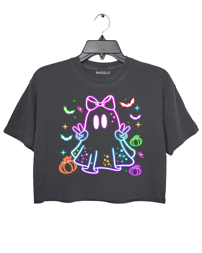 Ragglo dark gray crop top featuring a neon-style ghost with a pink bow, surrounded by bats, pumpkins, and stars, perfect for cute Halloween streetwear.