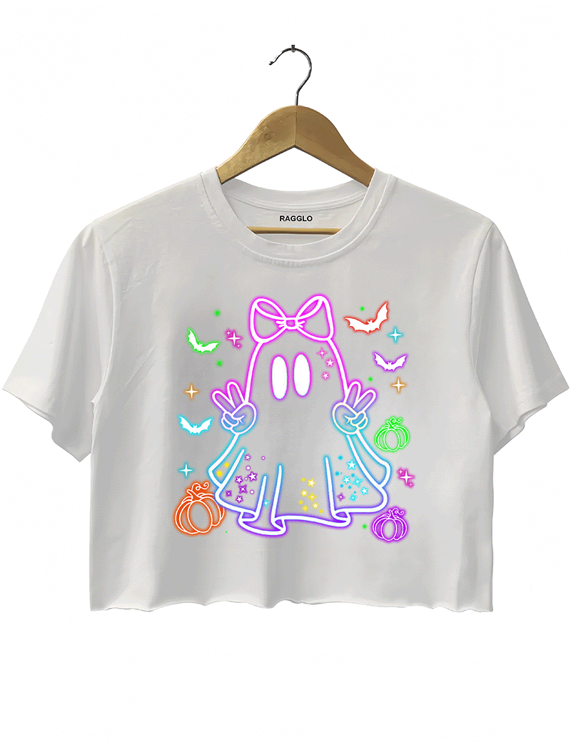 Ragglo white crop top featuring a neon-style ghost with a pink bow, surrounded by bats, pumpkins, and stars, perfect for cute Halloween streetwear.