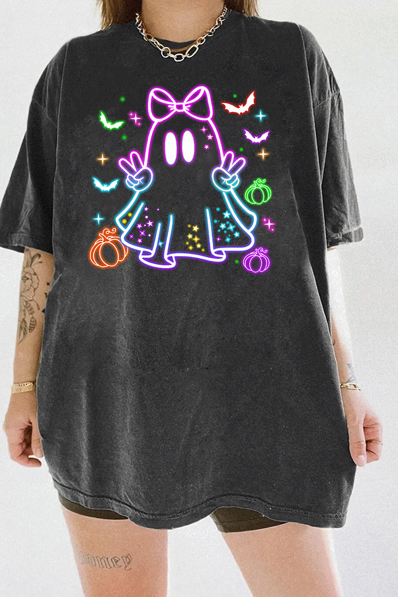 Ragglo dark gray tee featuring a neon-style ghost with a pink bow, surrounded by bats, pumpkins, and stars, perfect for cute Halloween streetwear.