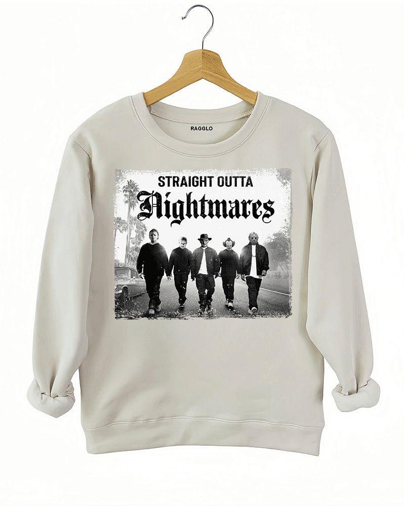 Ragglo beige sweatshirt with "Straight Outta Nightmares" graphic featuring five figures on a road, blending horror movie and hip-hop culture themes.