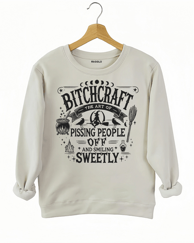 Beige sweatshirt with 'Bitch Craft' design available on Ragglo, offering a stylish choice for expressing individuality with witchcraft aesthetics.