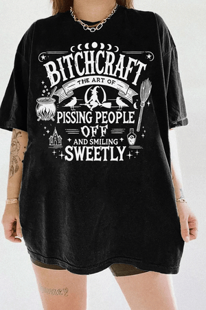 Black T-shirt with 'Bitch Craft' design available on Ragglo, featuring edgy witchcraft elements for a rebellious look.