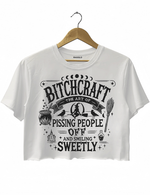 White crop top with 'Bitch Craft' design available on Ragglo, perfect for women who love a mysterious and witchy aesthetic.