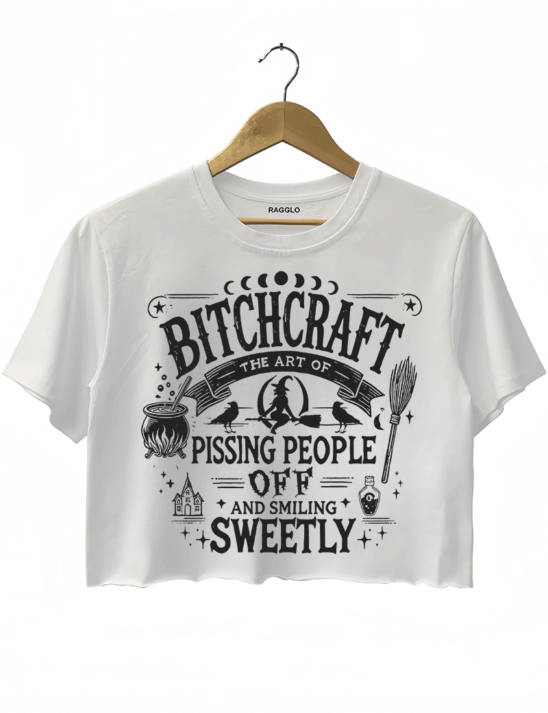 White crop top with 'Bitch Craft' design available on Ragglo, perfect for women who love a mysterious and witchy aesthetic.