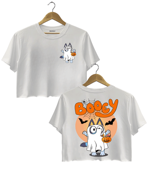 Ragglo white crop top with a playful Halloween design of a cartoon cat dressed as a ghost, holding a candy bucket. The 'BOOEY' text in bold orange is accompanied by bats and spiderwebs, creating a spooky yet cute theme.
