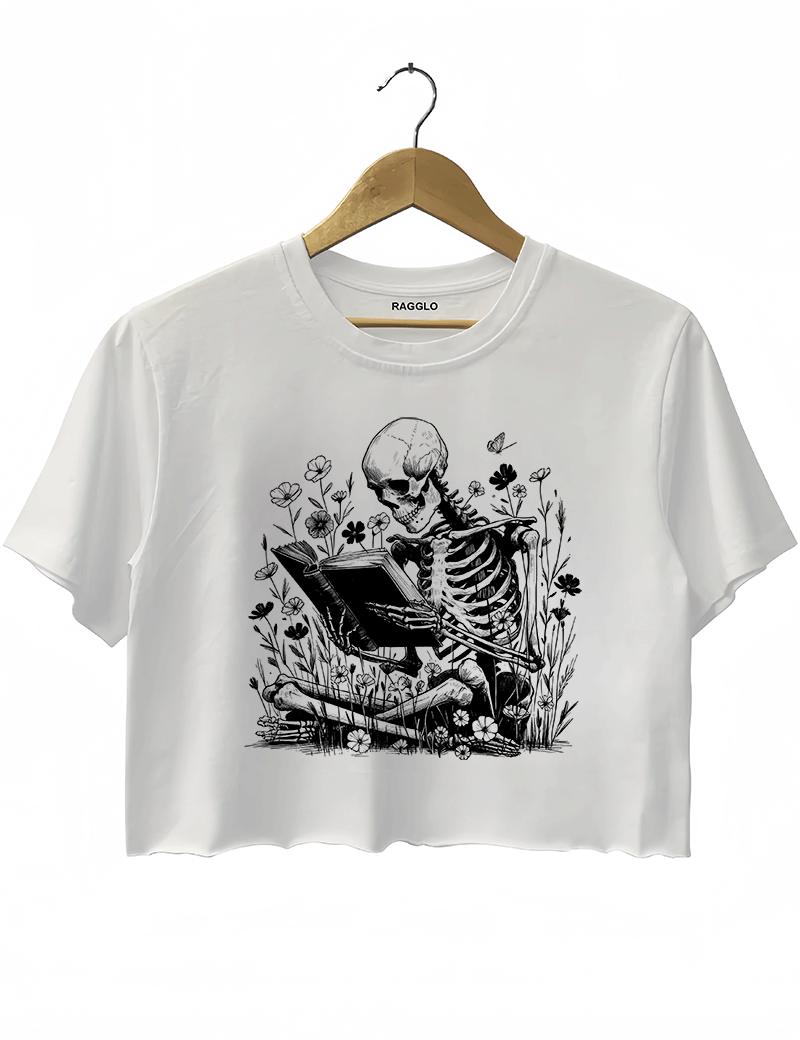 Book Reading Skeleton Crop Top