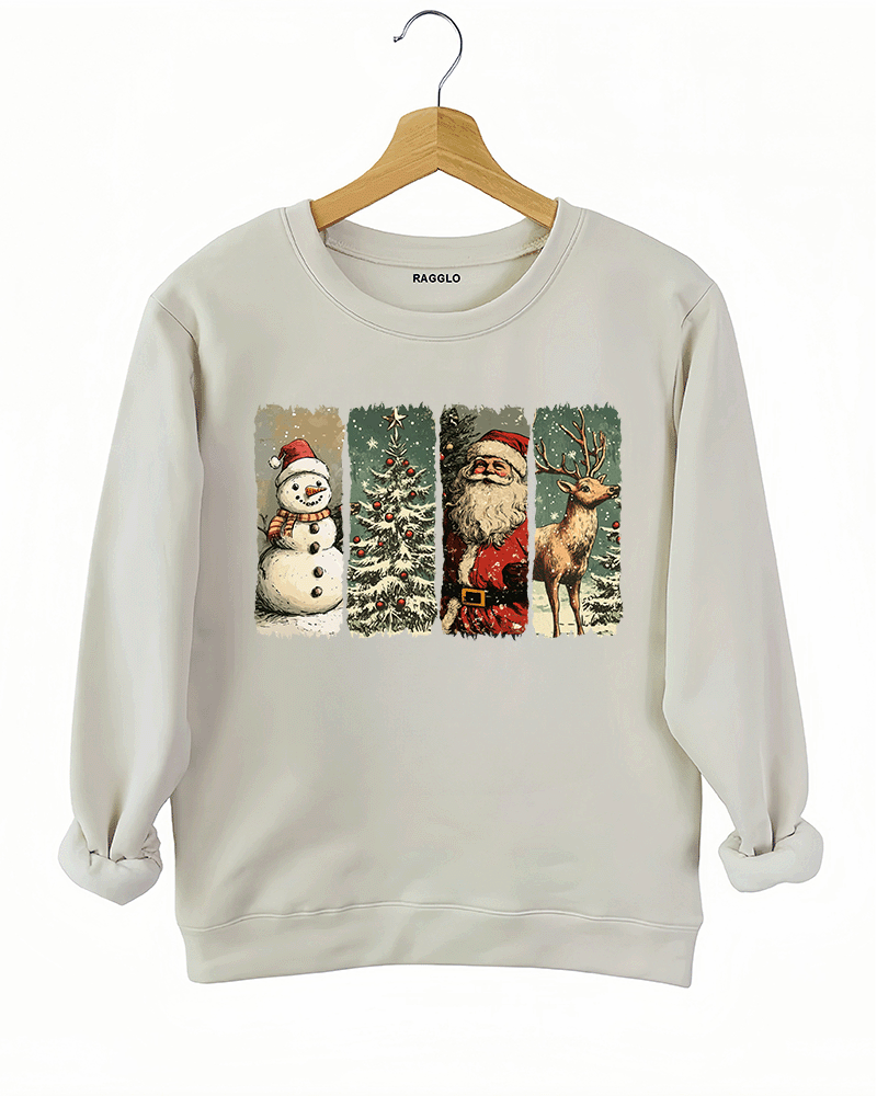 Festive Christmas design featuring a snowman, decorated tree, Santa Claus, and reindeer with a vintage touch on a beige sweatshirt, available on Ragglo.