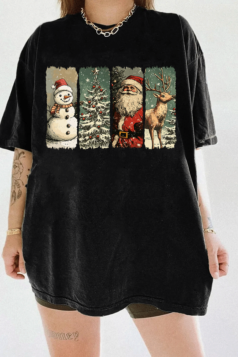 Vintage-style Christmas graphic featuring a snowman, decorated tree, Santa, and reindeer on a black T-shirt, available on Ragglo.