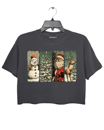 Christmas-themed graphic featuring a snowman, Christmas tree, Santa Claus, and reindeer with a retro feel on a dark gray crop top, available on Ragglo.