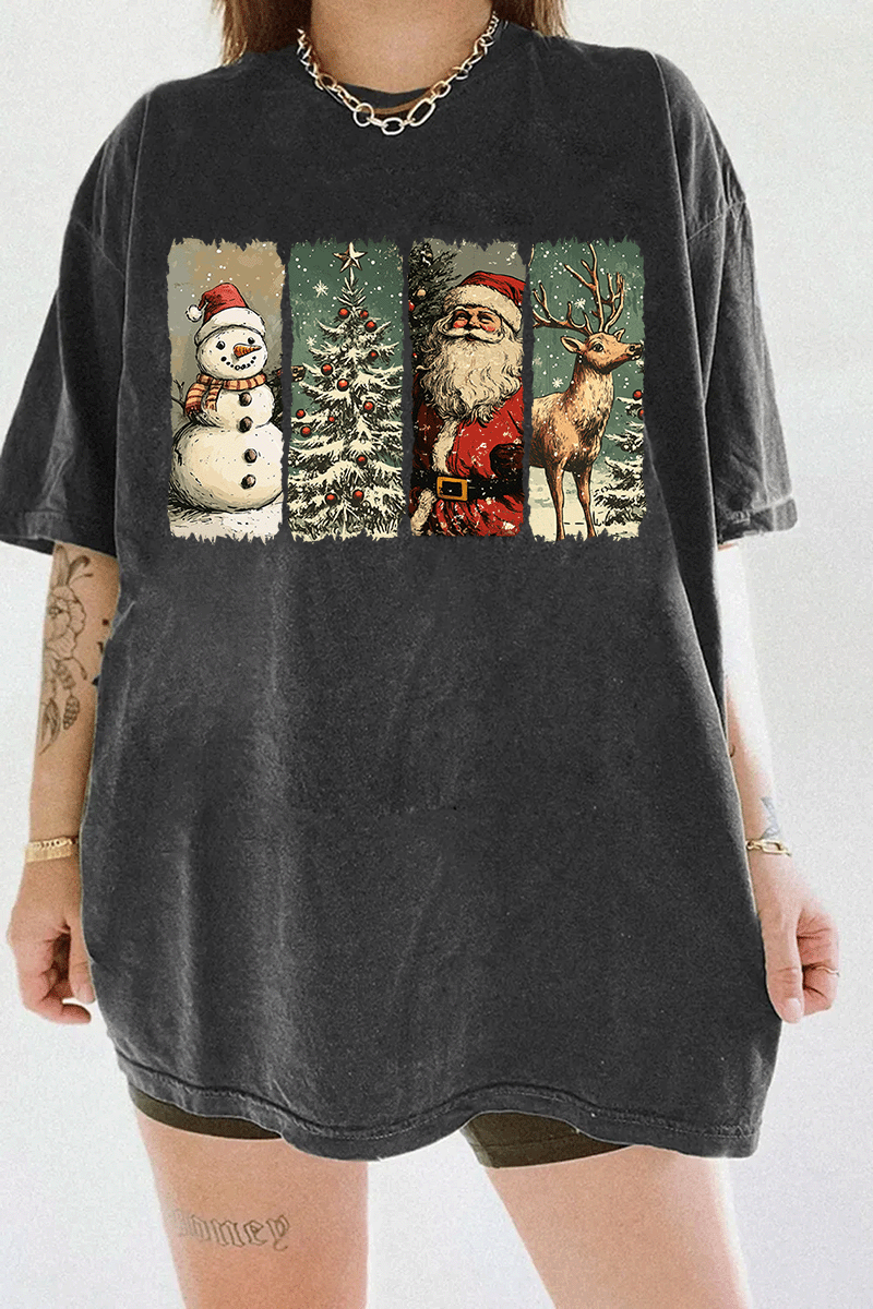 Vintage-style Christmas graphic featuring a snowman, decorated tree, Santa, and reindeer on a dark gray T-shirt, available on Ragglo.