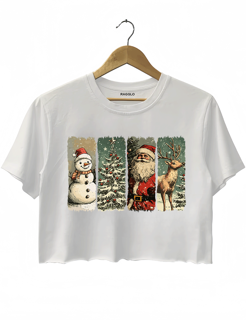 Festive Christmas graphic with a snowman, tree, Santa Claus, and reindeer in a vintage style on a white crop top, available on Ragglo.